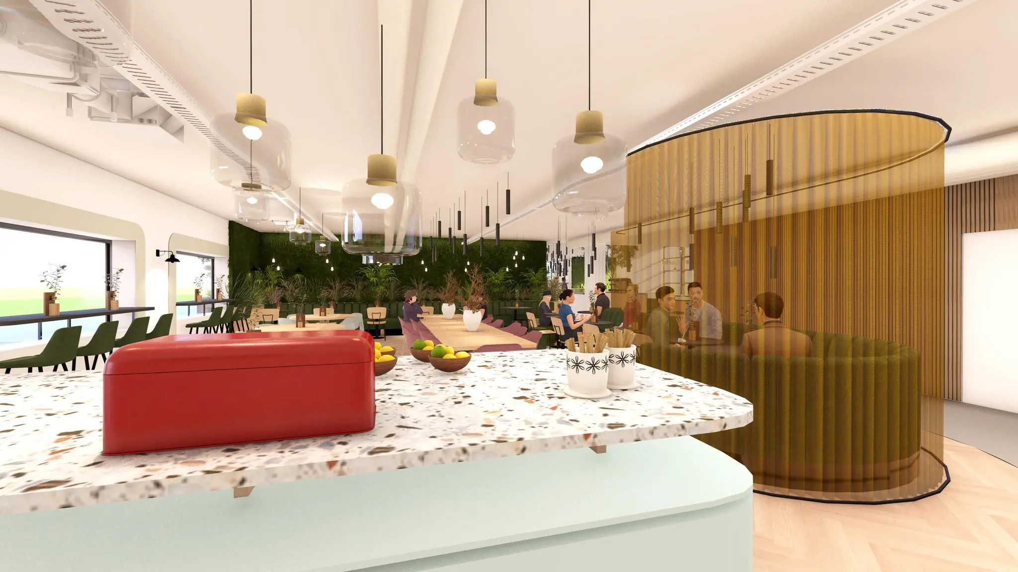 Moderne en sfeervolle kantoorruimte aan de Marten Meesweg met zithoeken, plantenwanden en een open keuken.